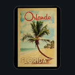 Orlando Palm Tree Vintage Travel Magnet<br><div class="desc">A uniquely retro mid-century modern Orlando Florida art print in vintage travel poster style. It features a curved palm tree on sandy beach with ocean under a blue cloudy sky.</div>