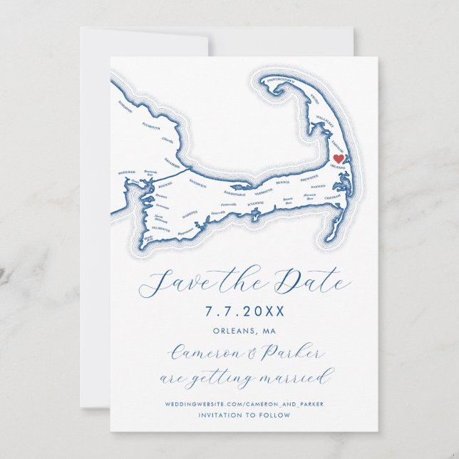 Orleans MA Cape Cod Map Navy Blue Wedding Save The Date (Front)