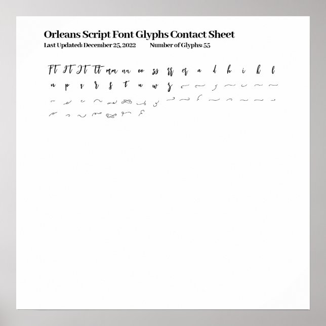 Orleans Script Font Glyphs Contact Sheet Poster (Front)