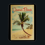 Ormond Beach Palm Tree Vintage Travel Magnet<br><div class="desc">A uniquely retro mid-century modern Ormond Beach Florida art print in vintage travel poster style. It features a curved palm tree on sandy beach with ocean under a blue cloudy sky.</div>