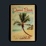 Ormond Beach Palm Tree Vintage Travel Magnet<br><div class="desc">A uniquely retro mid-century modern Ormond Beach Florida art print in vintage travel poster style. It features a curved palm tree on sandy beach with ocean under a blue cloudy sky.</div>