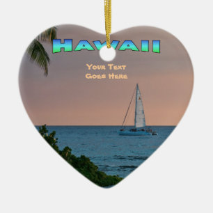 Ornament: Blue Catamaran Sunset (Heart) Ceramic Ornament