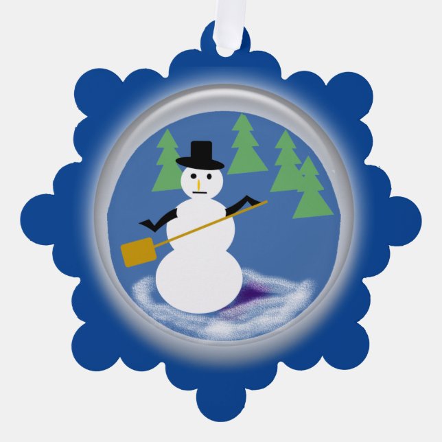 Ornament Card - Working Snowman on Dark Blue (Front)