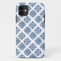 Ornament embroidered blue on white
