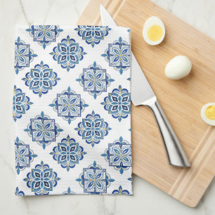 Ornament embroidered blue on white kitchen towel
