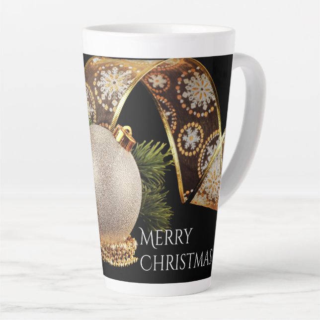 Ornament, Evergreen and Gold Ribbon Latte Mug (Right Angle)