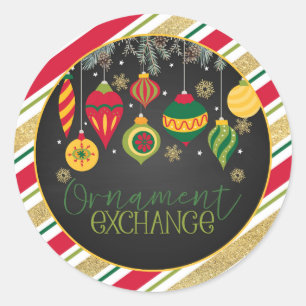 Ornament Exchange Party Round Sticker - Blk