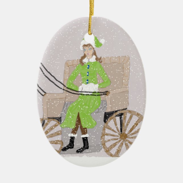 Ornament, Lady in a Buggy in Snow Ceramic Ornament (Front)