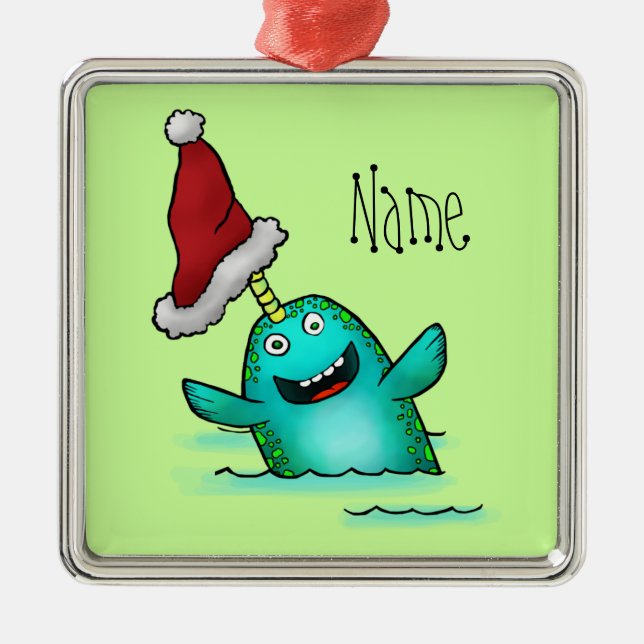 Ornament, Name Template Cute Narwhal Santa Metal Ornament (Front)