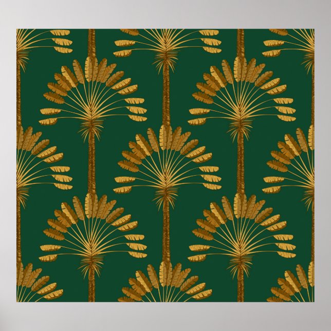 Ornament of Golden palm trees on a green backgroun Poster (Front)