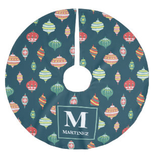 Ornament Pattern on Blue with Monogram Name Brushed Polyester Tree Skirt