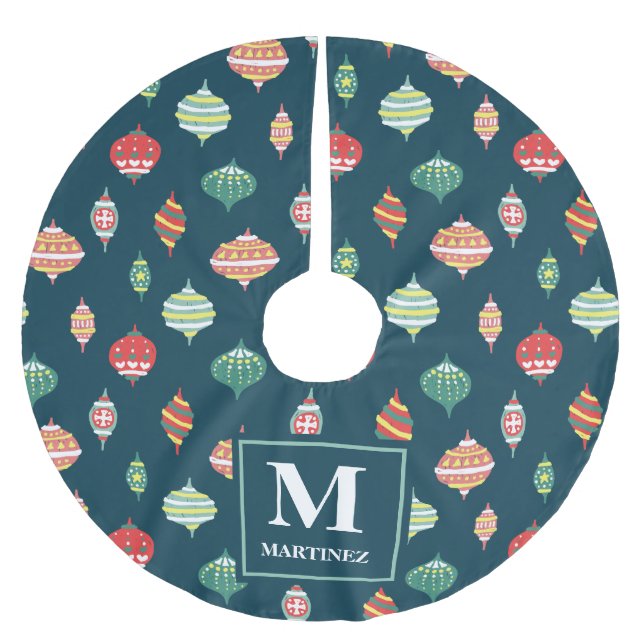 Ornament Pattern on Blue with Monogram Name Brushed Polyester Tree Skirt (Front)