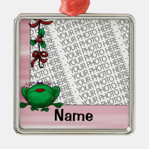 Ornament, Photo & Name Template Cute Frog Mistleto Metal Ornament