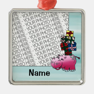 Ornament, Photo & Name Template Cute Hippo & Gifts Metal Ornament