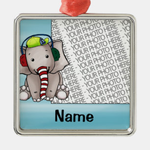 Ornament, Photo & Name Template Elephant Candycane Metal Ornament