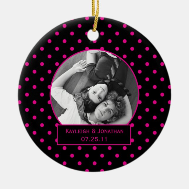 Ornament Pink and Black Polka Dots Wedding Keepsa (Front)