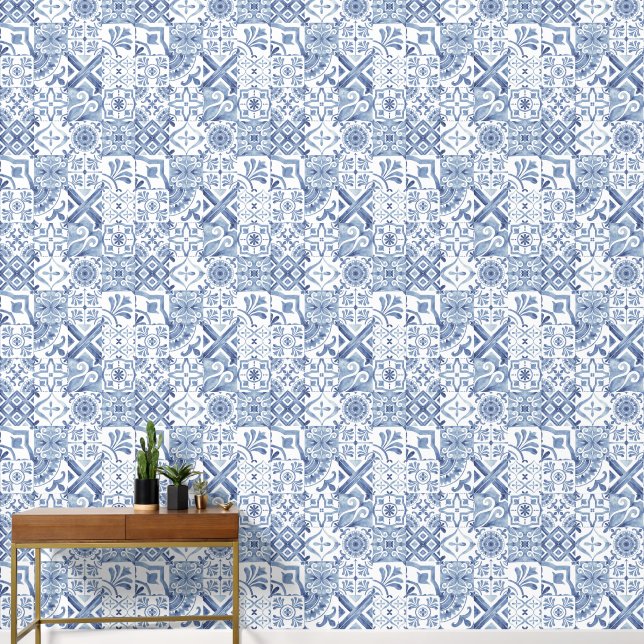 ornament tiles print pattern blue illustration wallpaper (Hallway)