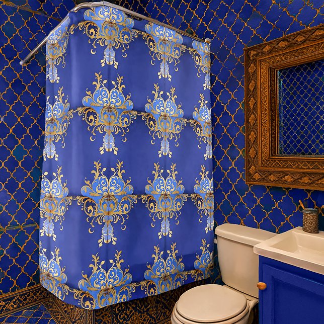 Ornamental Arabesque Royal Blue Gold Pattern (Arabesque ornamental gold filigree and royal blue shower curtain in situ, modern Moroccan bathroom)