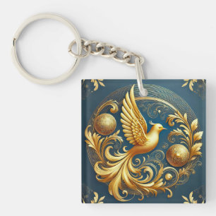 Ornamental Bird Gold Emblem Charm Keychain