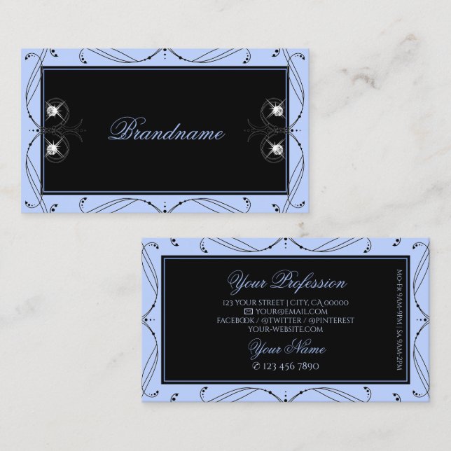 Ornamental Black Blue Sparkling Diamonds Ornate Business Card (Front/Back)