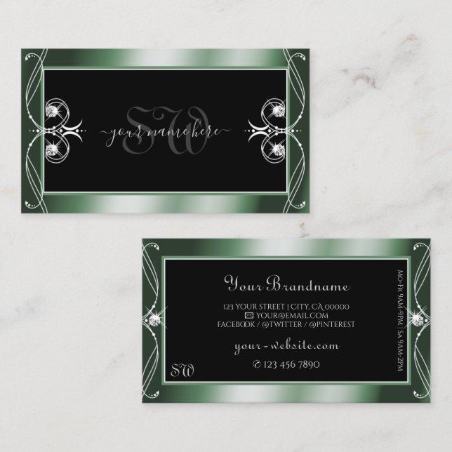 Ornamental Black Green Sparkle Diamonds Monogram Business Card (Front/Back)