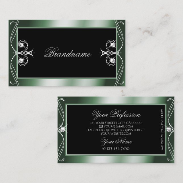 Ornamental Black Green Sparkle Diamonds Squiggled Business Card (Front/Back)
