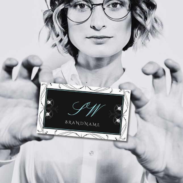 Ornamental Black White Sparkling Diamonds Initials Business Card (Creator Uploaded)