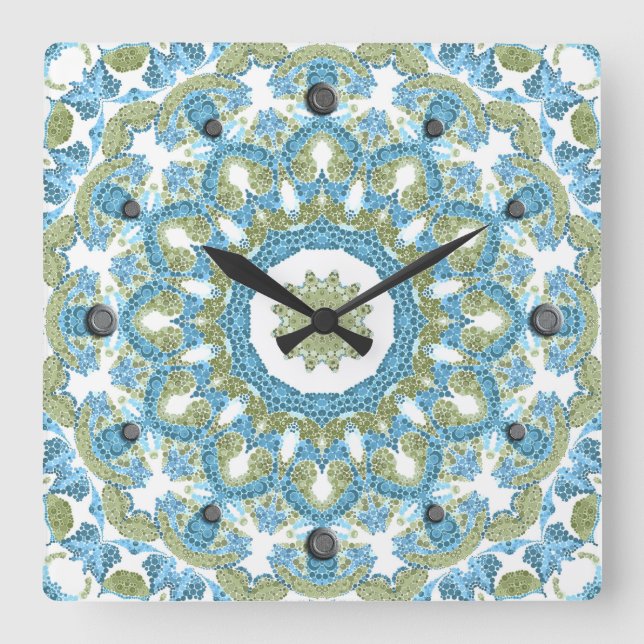 ornamental blue green white decor decoration square wall clock (Front)