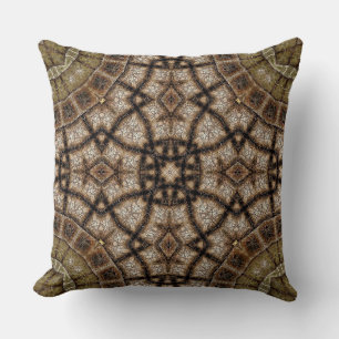 Ornamental Brown and Green Stained Glass Mandala Throw Pillow