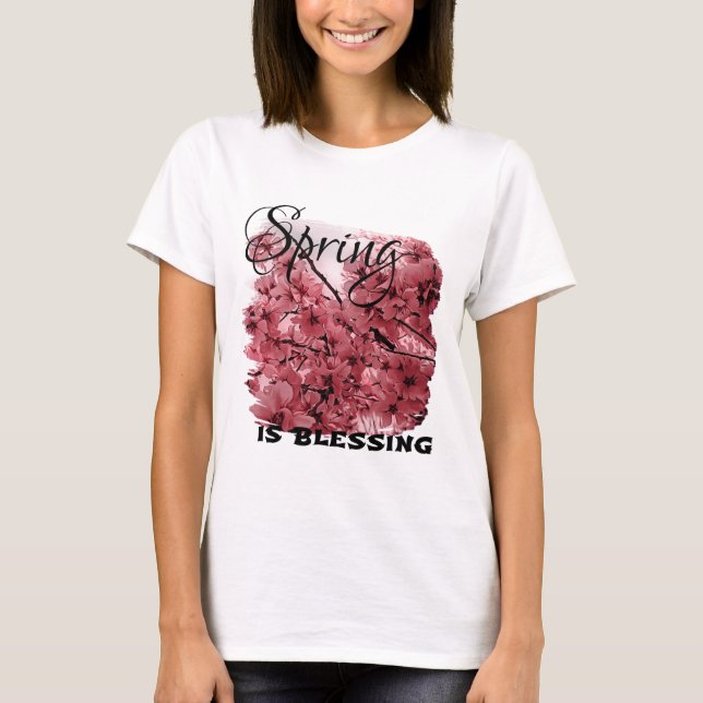 Ornamental Cherry Branches Pink Stylized T-Shirt (Front)