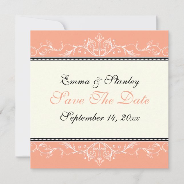 Ornamental coral white Save the Date announcement (Front)