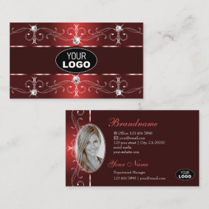 Ornamental Dark Wine Red Ornate Borders Logo Photo Business Card