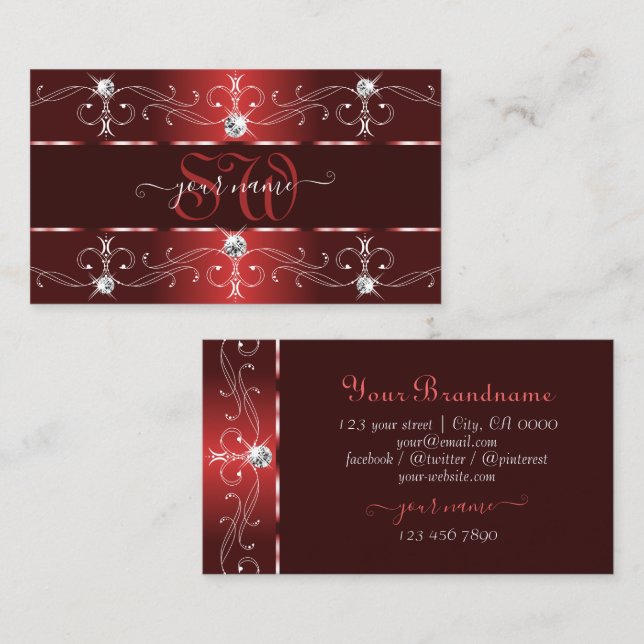 Ornamental Dark Wine Red Ornate Borders Monogram Business Card (Front/Back)
