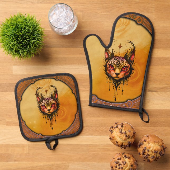 Ornamental elegance: A portrait of a cat.  Oven Mitt & Pot Holder Set (Top Down)
