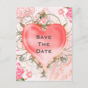 Ornamental Elegant Floral Heart Peach Party Announcement Postcard
