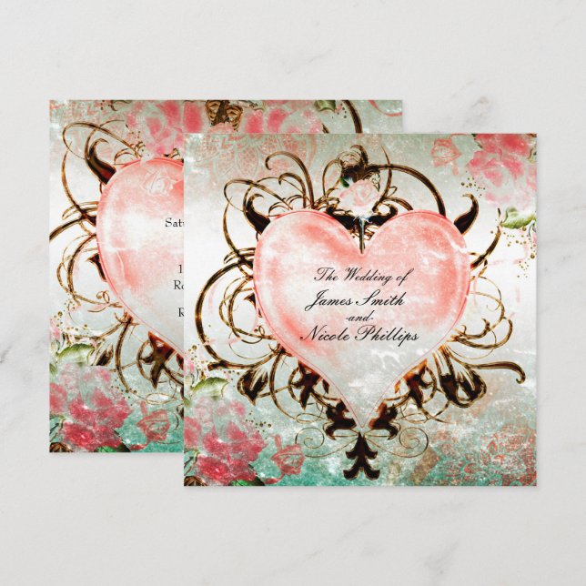 Ornamental Elegant Floral Vintage Heart Invitation (Front/Back)