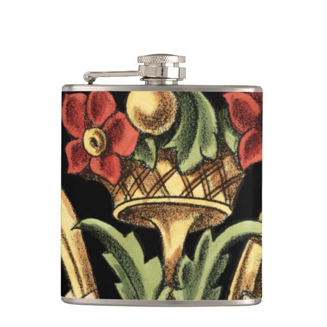 Ornamental Floral Design with Black Borders Hip Flask (Front)