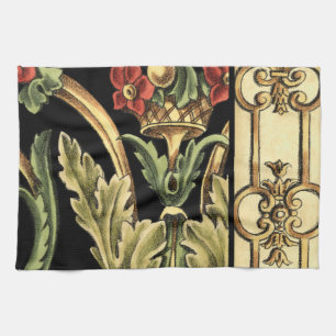 Ornamental Floral Design with Black Borders Kitchen Towel