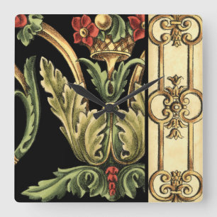 Ornamental Floral Design with Black Borders Square Wall Clock
