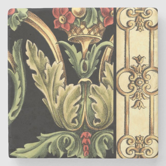 Ornamental Floral Design with Black Borders Stone Coaster (Front)