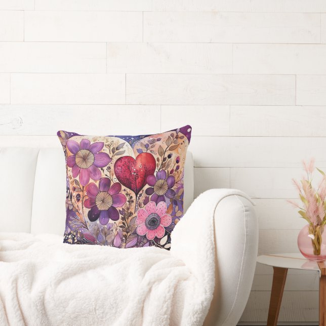 Ornamental Floral Heart Art Throw Pillow (Couch)