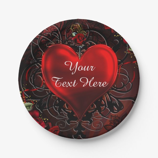 Ornamental Floral Heart Black & Red Party Paper Plate (Front)