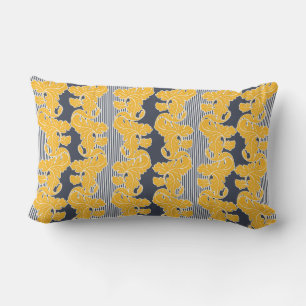 Ornamental, floral, leaves, yellow, white, blue lumbar pillow