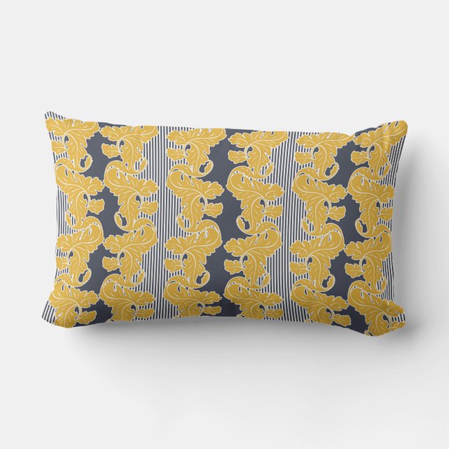 Ornamental, floral, leaves, yellow, white, blue lumbar pillow (Back)