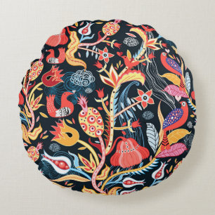 ornamental floral pattern with birds on a dark bac round pillow