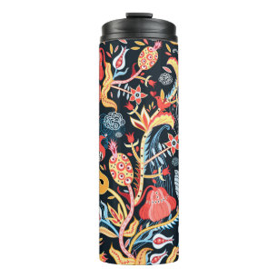 ornamental floral pattern with birds on a dark bac thermal tumbler