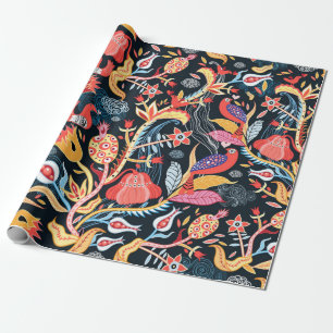 ornamental floral pattern with birds on a dark bac wrapping paper