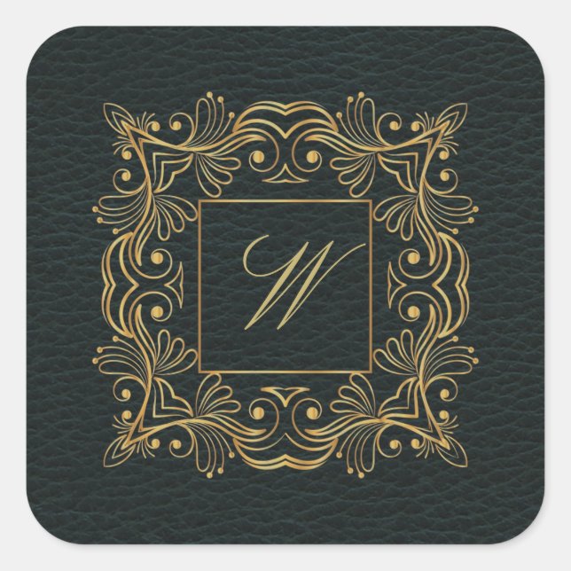 Ornamental Frame Monogram on Dark Leather Square Sticker (Front)
