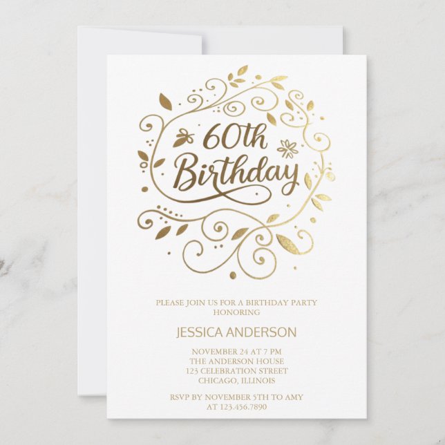 Ornamental Gold Calligraphy 60th Birthday Party Invitation (Front)