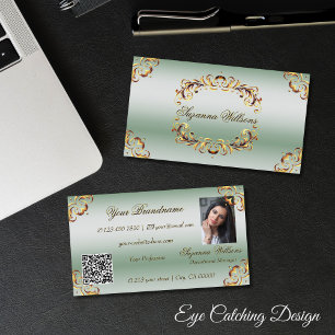 Ornamental Gold Decor Green with Photo and QR Code Business Card